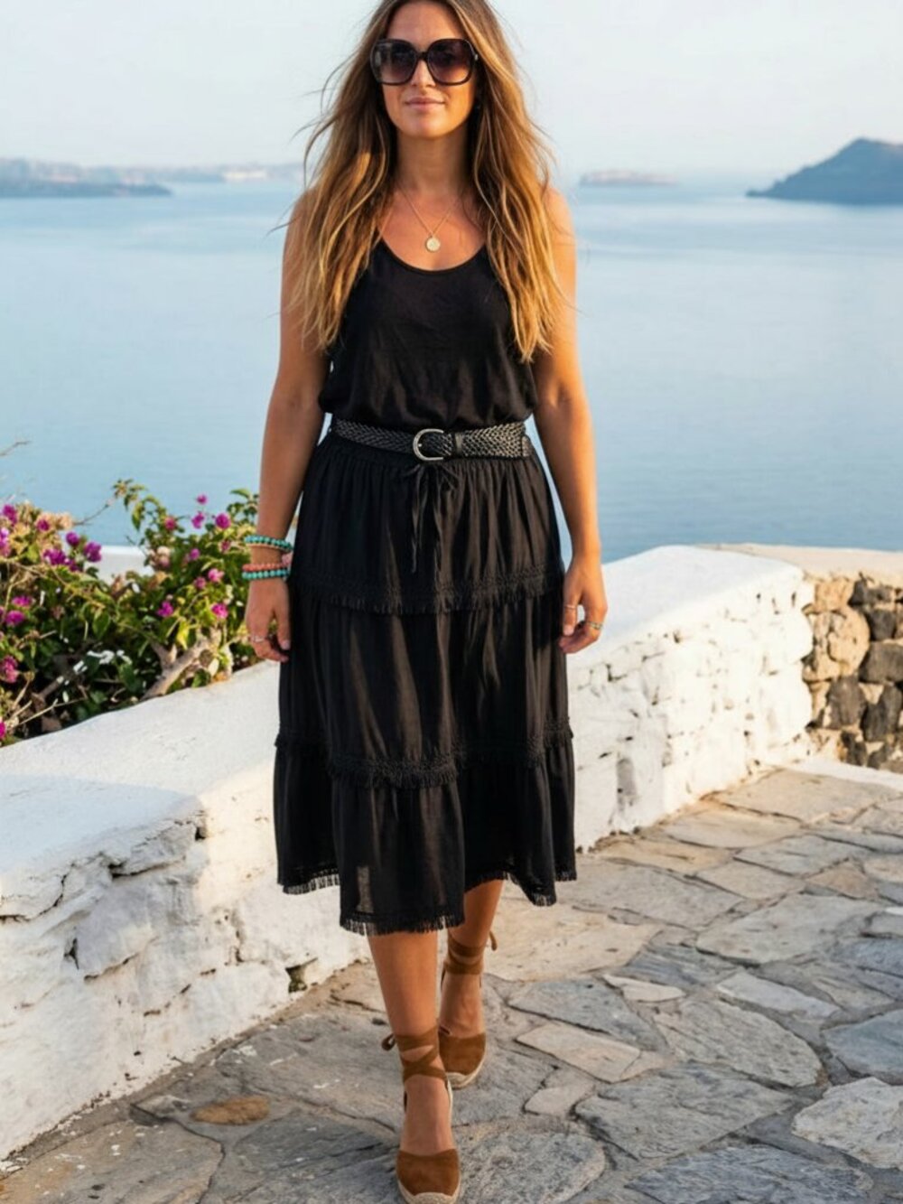 Women's Black Tiered and Fringed Boho Skirt Size L